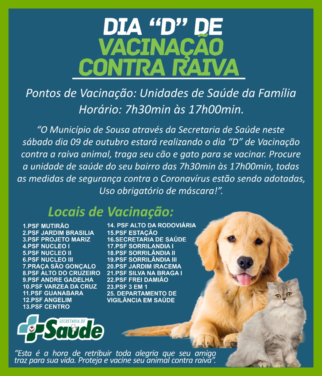 Neste sábado, Sousa realiza D de Vacinação contra Raiva em 23 UBS’s e no Departamento de Vigilância em Saúde